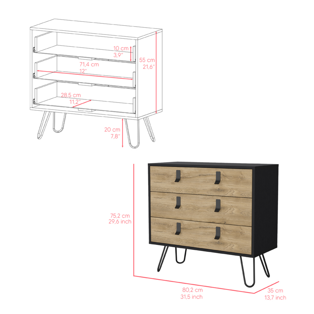 32" Natural and Black Three Drawer Dresser