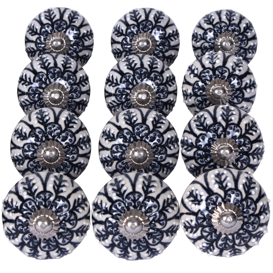 Set Of 12 Vintage Black And White Floral Ceramic Knobs