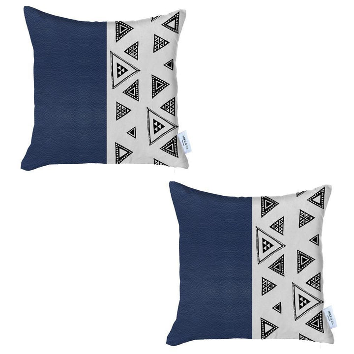 Set Of Two 18" X 18" Navy Blue Faux Leather Geometric Zippered Pillow