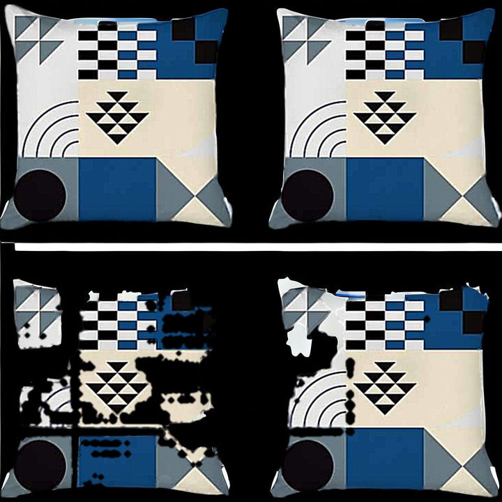 Set Of Four 18" X 18" Blue White Black And Gray Polyester Abstract Zippered Pillow