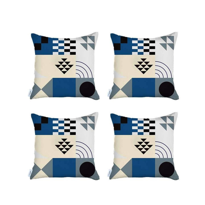 Set Of Four 18" X 18" Blue White Black And Gray Polyester Abstract Zippered Pillow