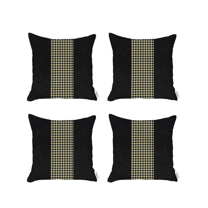 Set Of Four 18" X 18" Black And Yellow Polyester Houndstooth Zippered Pillow