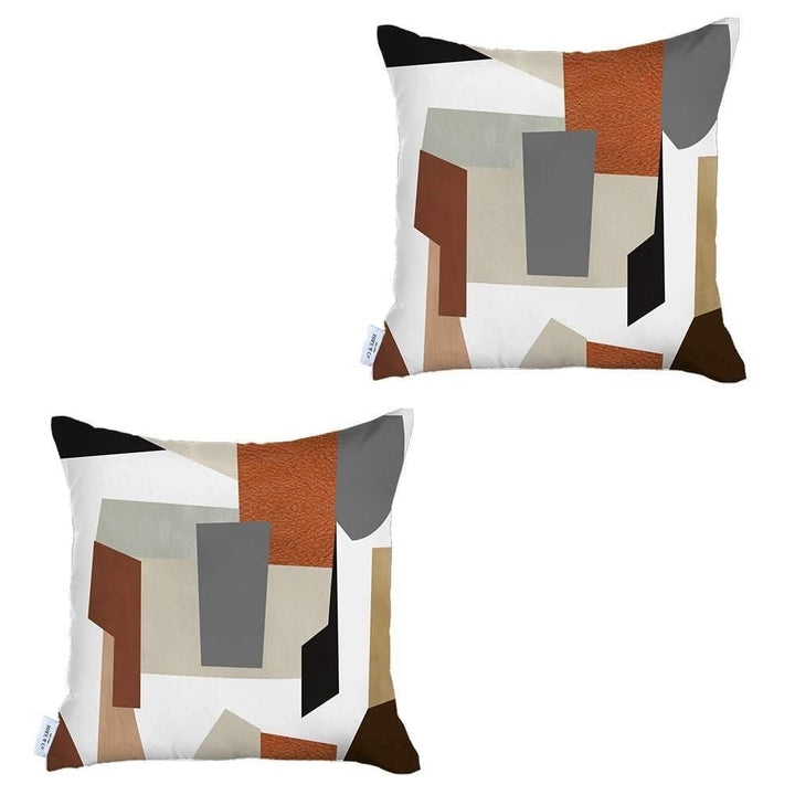 Set Of Two 18" X 18" Gray Black White Red And Brown Polyester Abstract Zippered Pillow