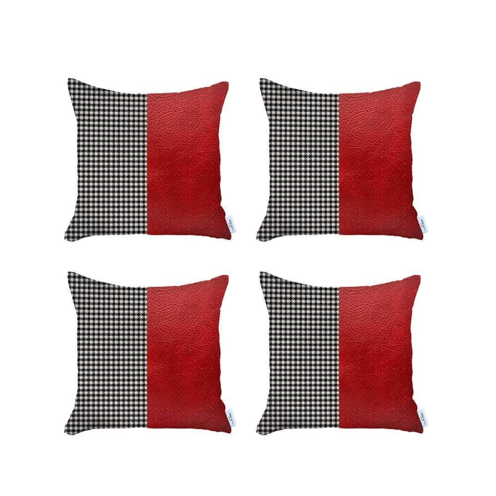 Set Of Four 18" X 18" Red Polyester Houndstooth Zippered Pillow