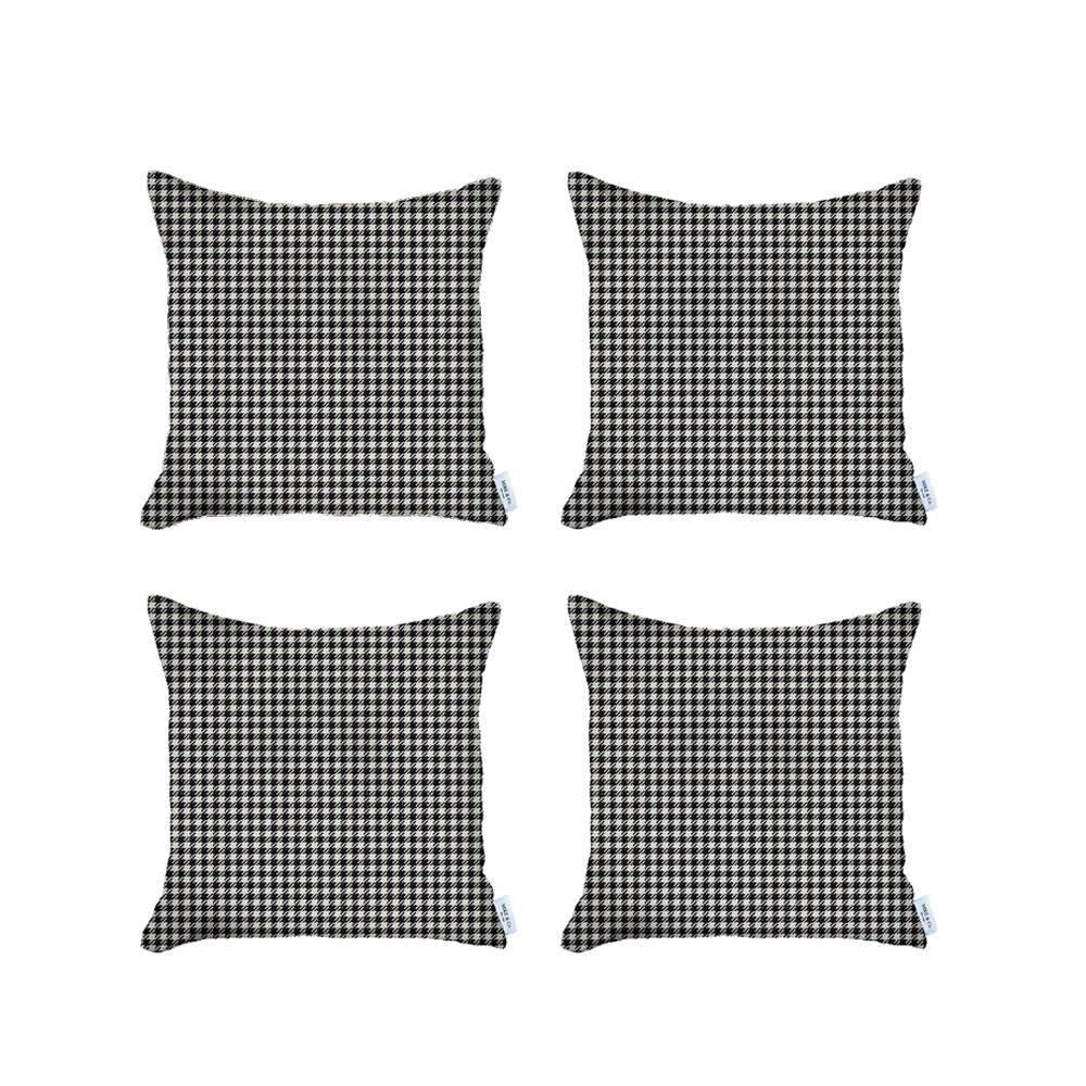 Set Of Four 18" X 18" Grey Polyester Houndstooth Zippered Pillow