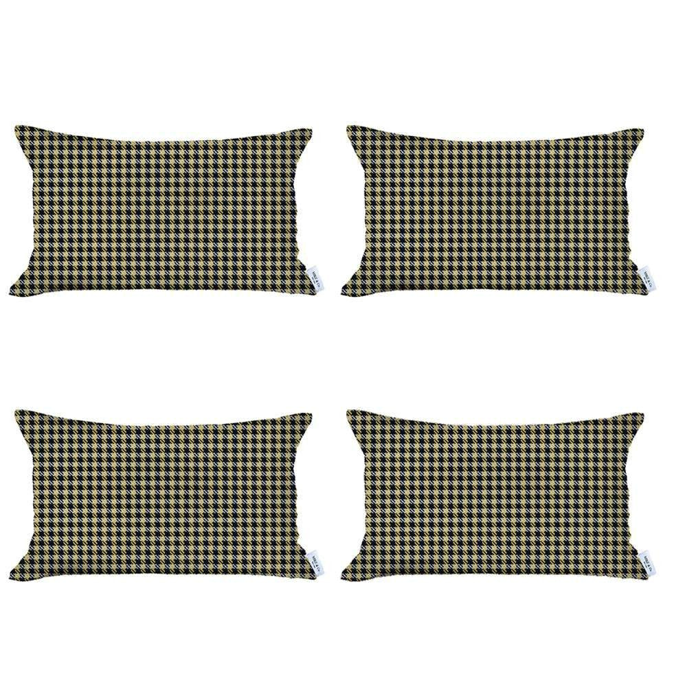 Set Of Four 20" X 12" Yellow Polyester Houndstooth Zippered Pillow