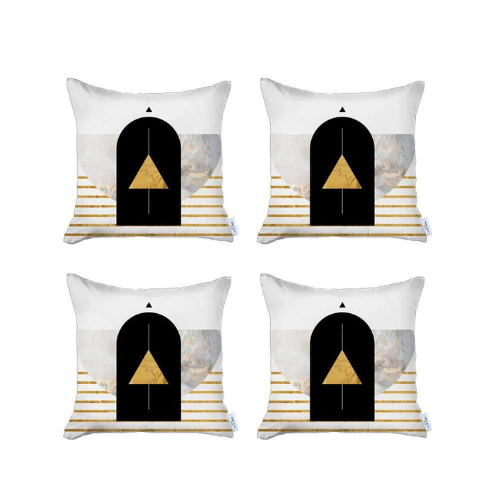 Set Of Four 18" X 18" White Black Gray And Gold Polyester Abstract Zippered Pillow