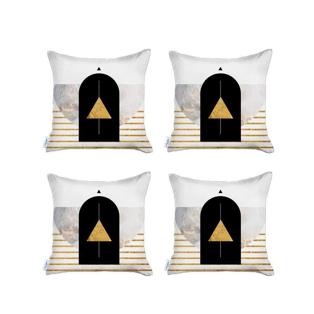 Set Of Four 18" X 18" White Black Gray And Gold Polyester Abstract Zippered Pillow