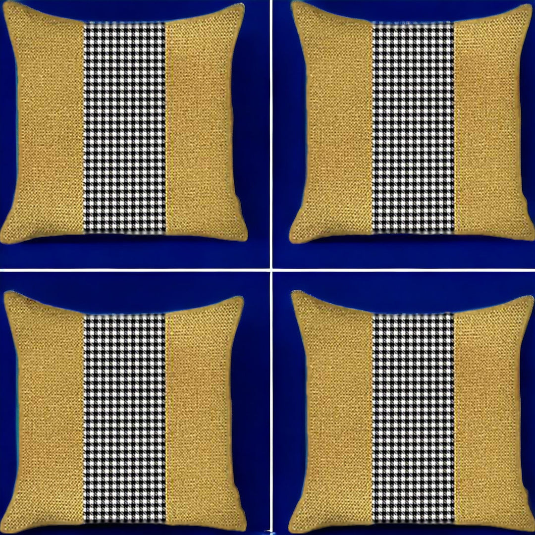 Set Of Four 18" X 18" Yellow And White Polyester Houndstooth Zippered Pillow