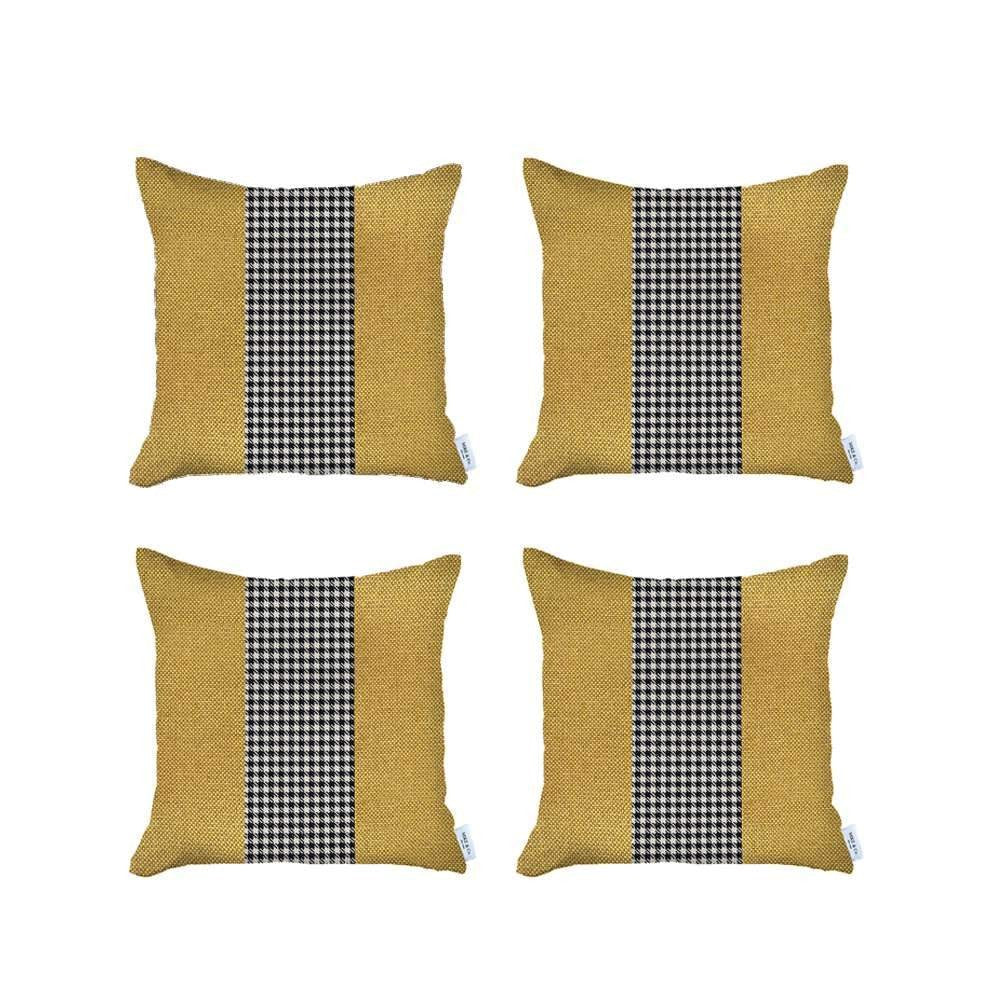 Set Of Four 18" X 18" Yellow And White Polyester Houndstooth Zippered Pillow