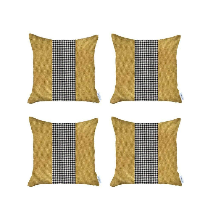 Set Of Four 18" X 18" Yellow And White Polyester Houndstooth Zippered Pillow