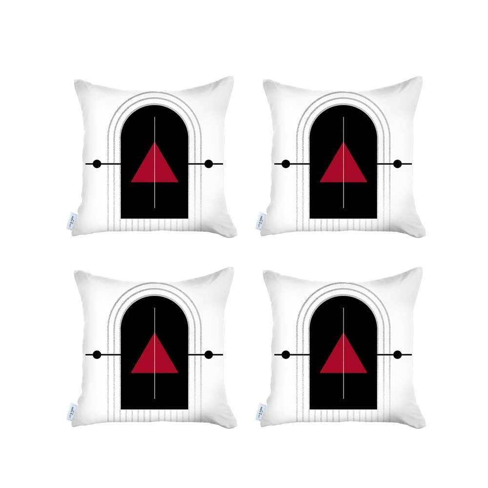 Set Of Four 18" X 18" White Red And Black Polyester Abstract Zippered Pillow