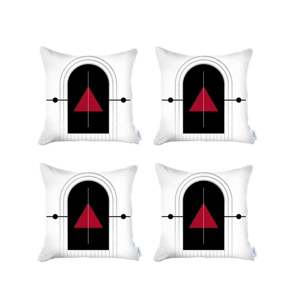 Set Of Four 18" X 18" White Red And Black Polyester Abstract Zippered Pillow