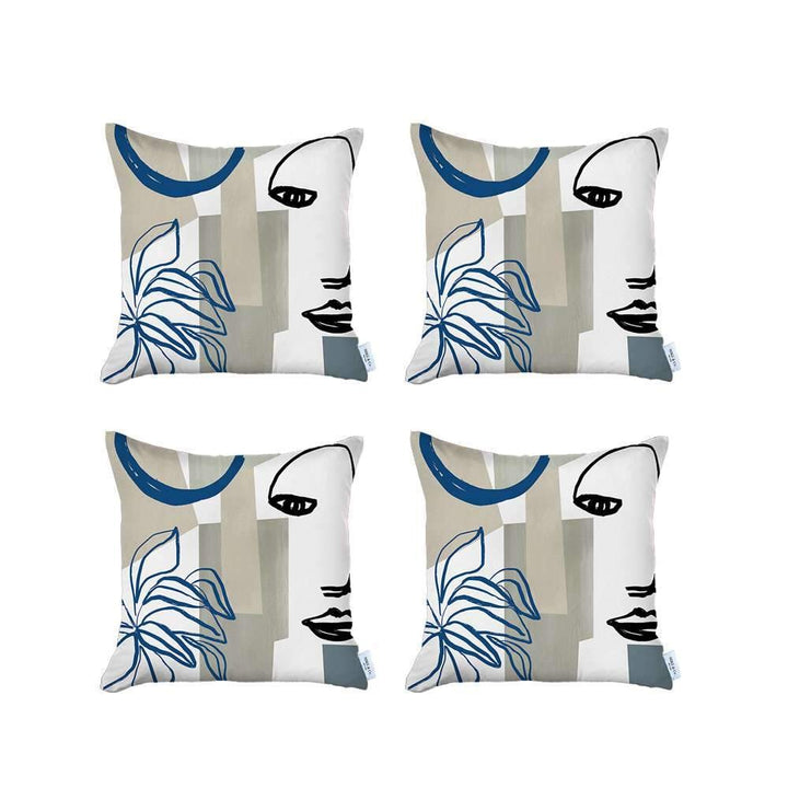 Set Of Four 18" X 18" Blue White Black And Gray Polyester Abstract Zippered Pillow