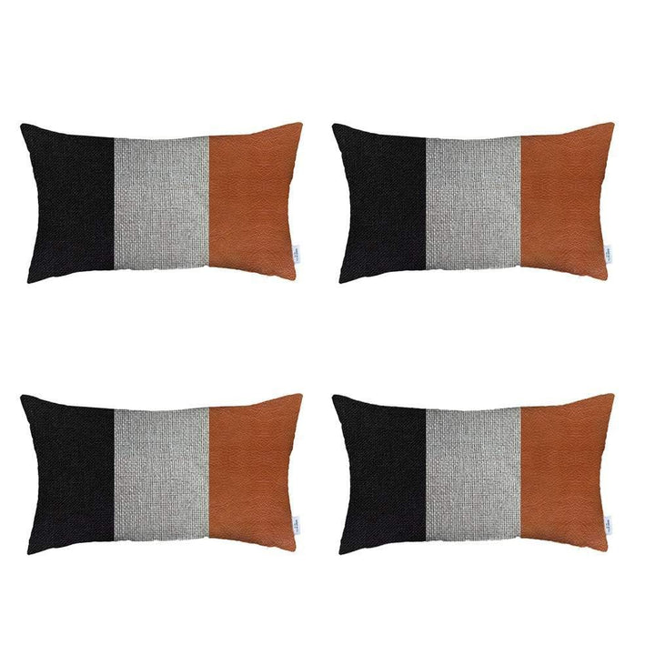 Set Of Four 20" X 12" Black Grey And Brown Polyester Geometric Zippered Pillow