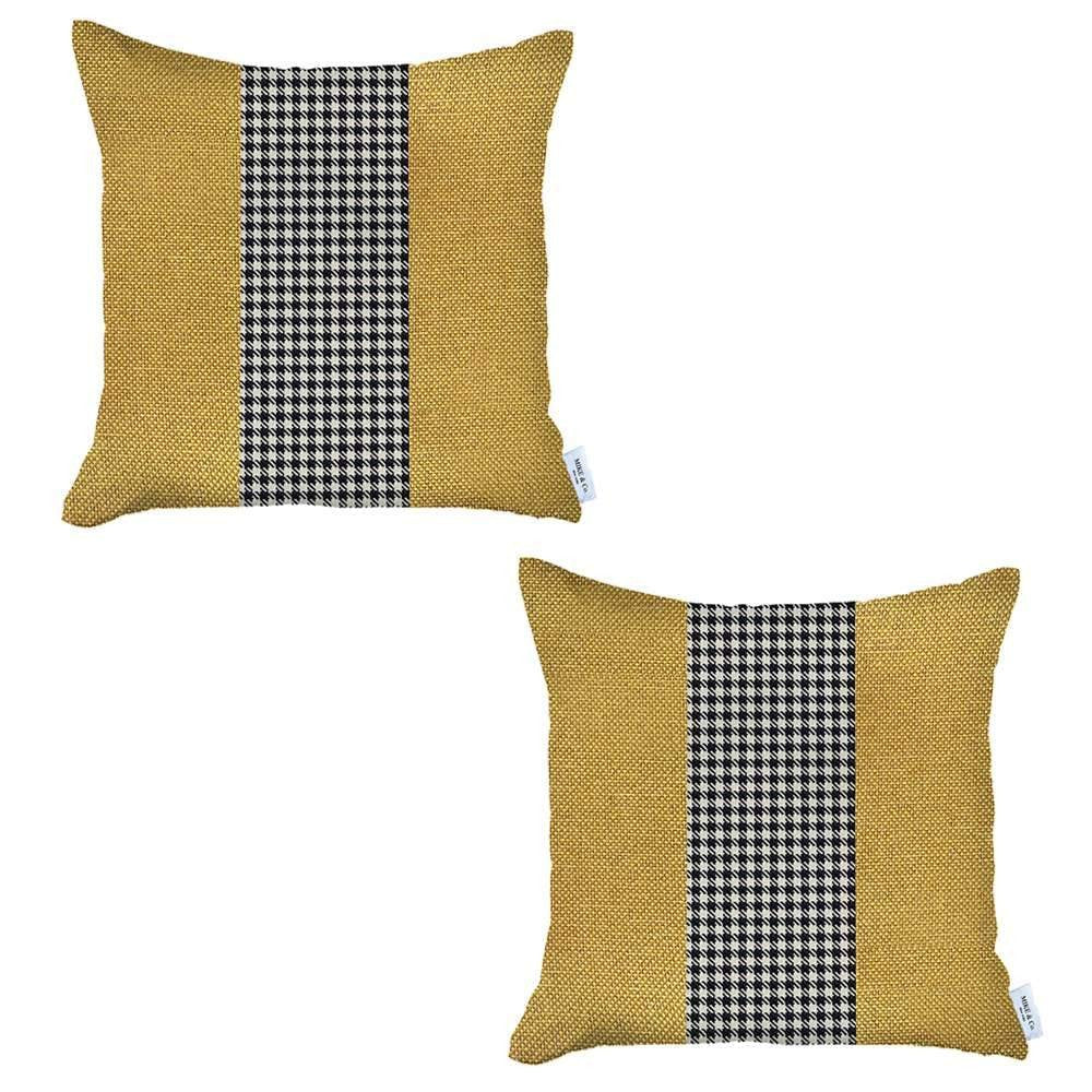 Set Of Two 18" X 18" Yellow And White Polyester Houndstooth Zippered Pillow