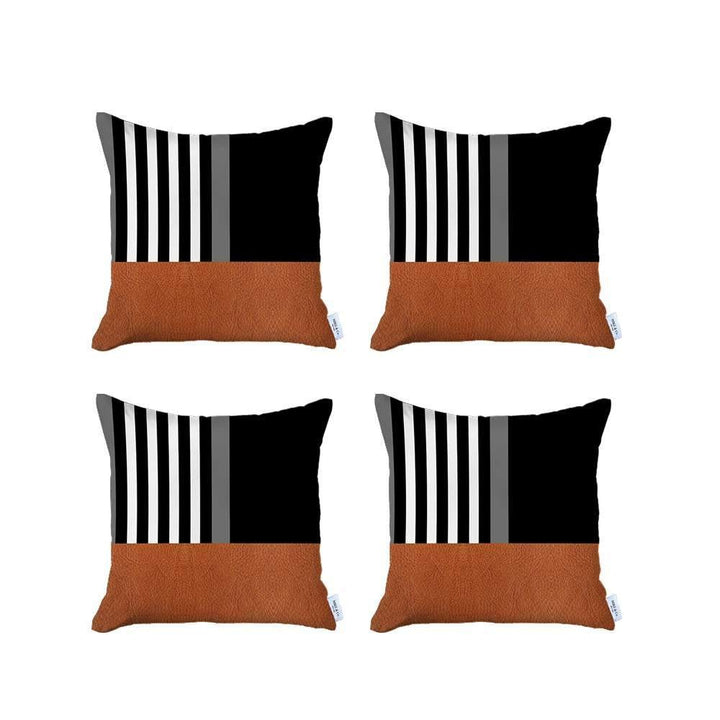 Set Of Four 18" X 18" Brown And Black Polyester Striped Zippered Pillow