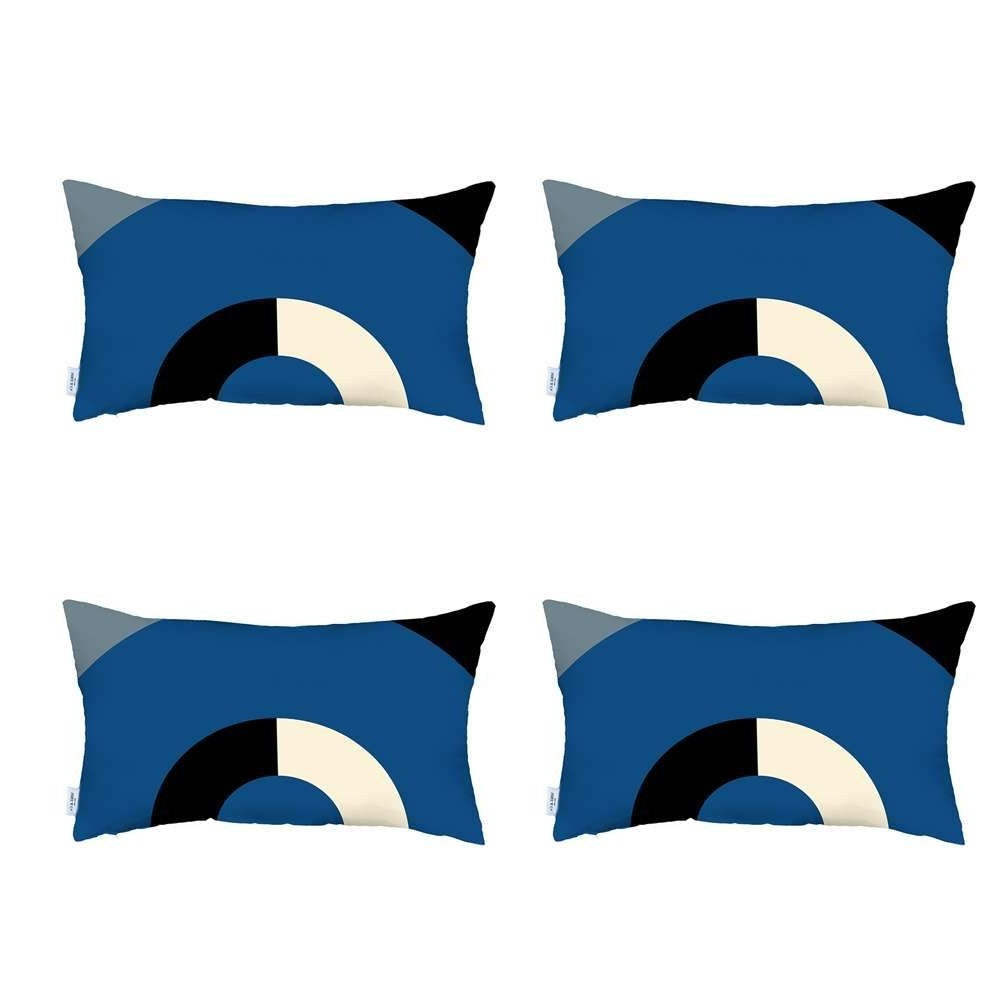 Set Of Four 20" X 12" Blue White Black And Gray Polyester Abstract Zippered Pillow