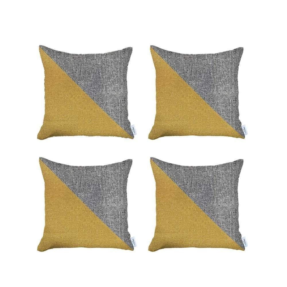 Set Of Four 18" X 18" Grey And Yellow Polyester Geometric Zippered Pillow