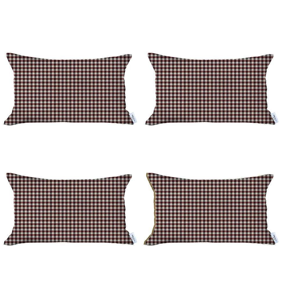 Set Of Four 20" X 12" Red Polyester Houndstooth Zippered Pillow