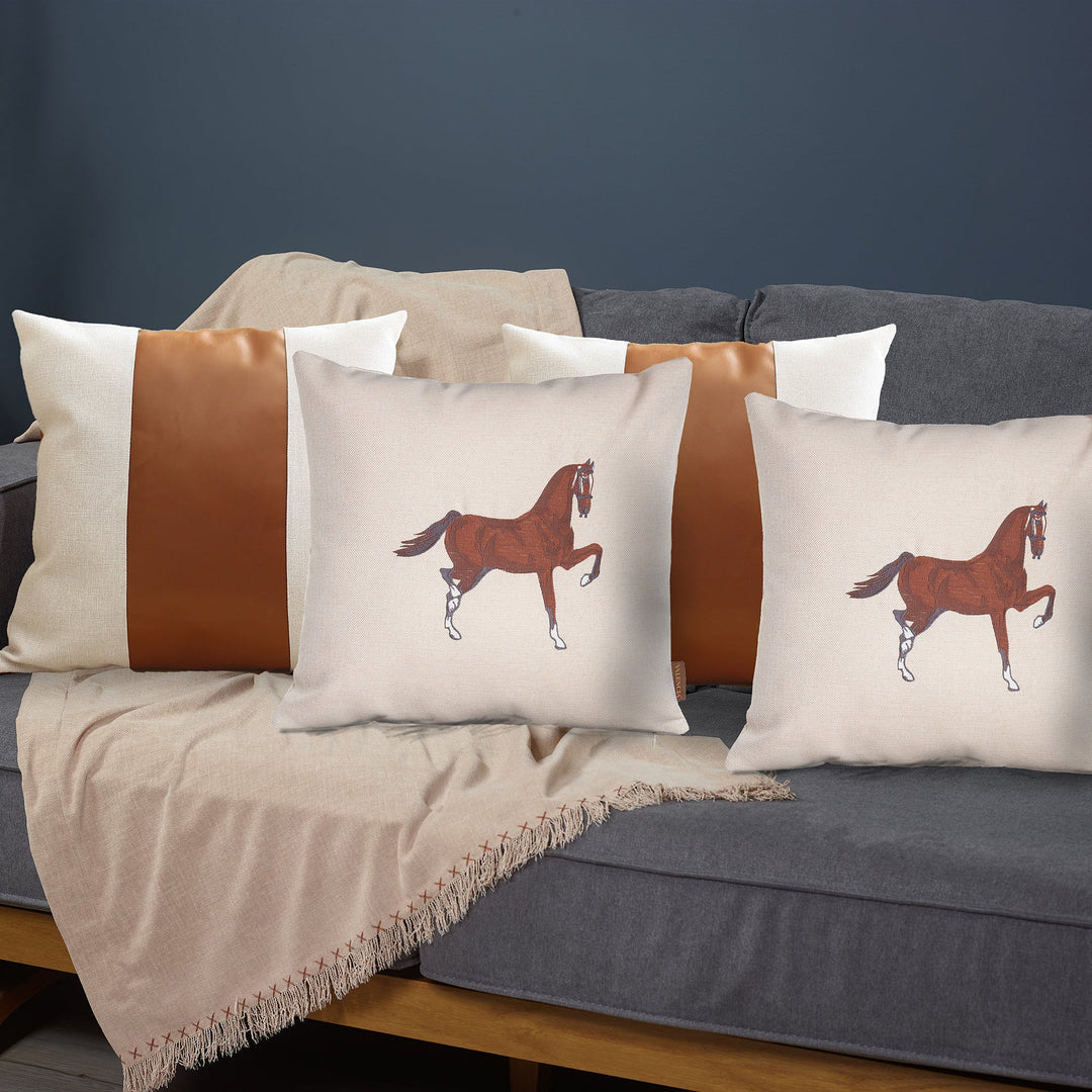 Set Of Four 18" X 18" Beige And Brown Horse Faux Leather Zippered Pillow With Embroidery