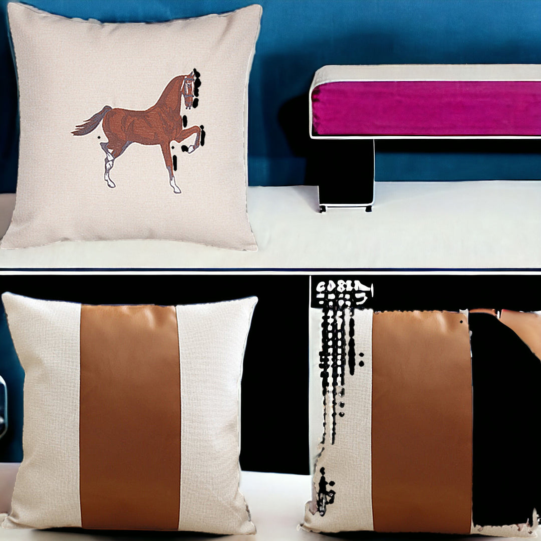 Set Of Four 18" X 18" Beige And Brown Horse Faux Leather Zippered Pillow With Embroidery