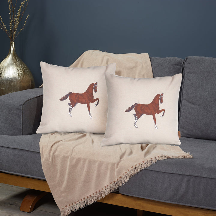 Set Of Two 18" X 18" Beige And Brown Horse Polyester Zippered Pillow With Embroidery