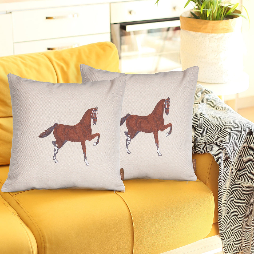 Set Of Two 18" X 18" Beige And Brown Horse Polyester Zippered Pillow With Embroidery