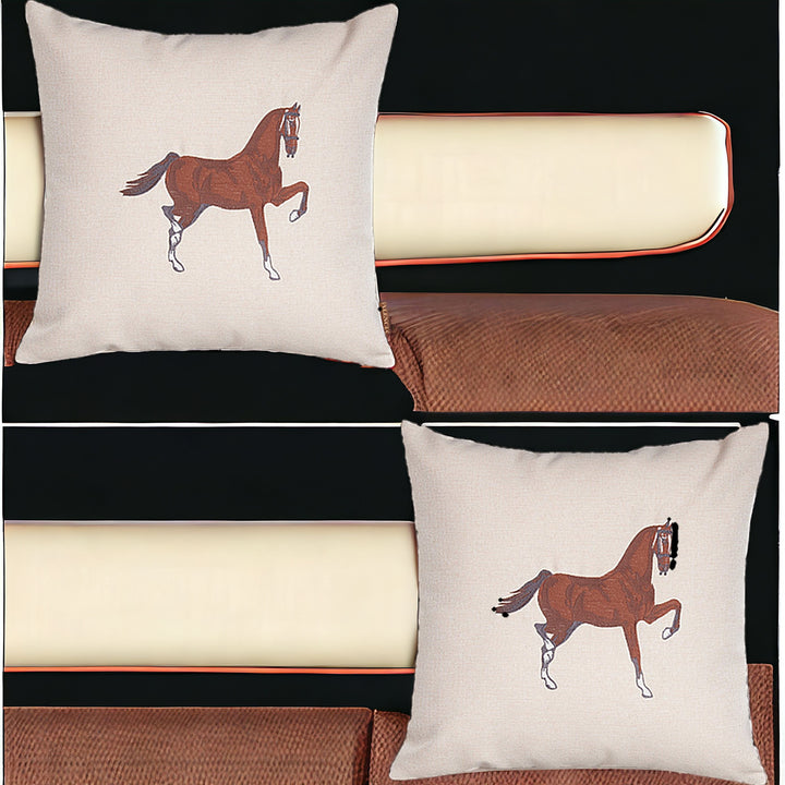 Set Of Two 18" X 18" Beige And Brown Horse Polyester Zippered Pillow With Embroidery