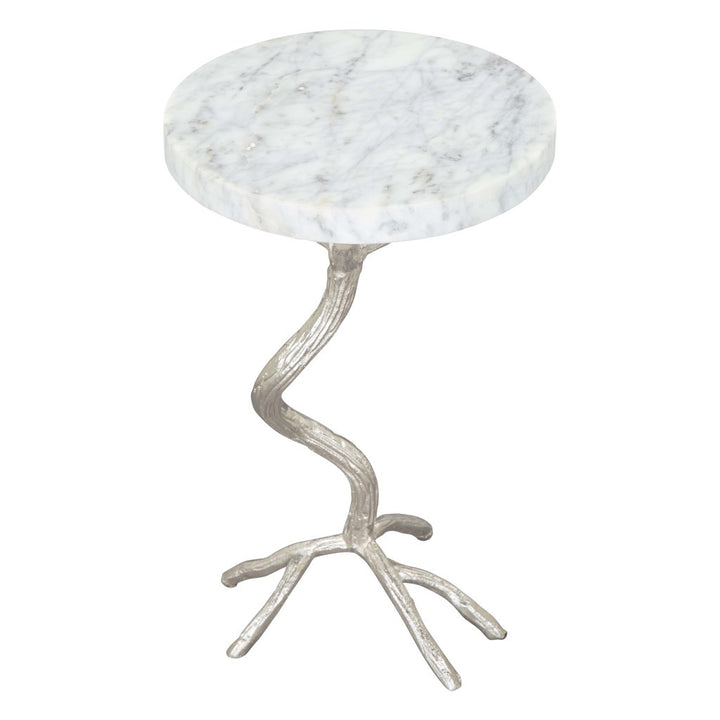 22" Silver Aluminum Twigs And White Marble Round End Table