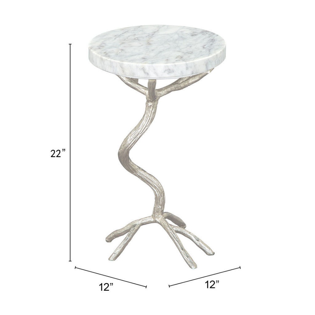 22" Silver Aluminum Twigs And White Marble Round End Table