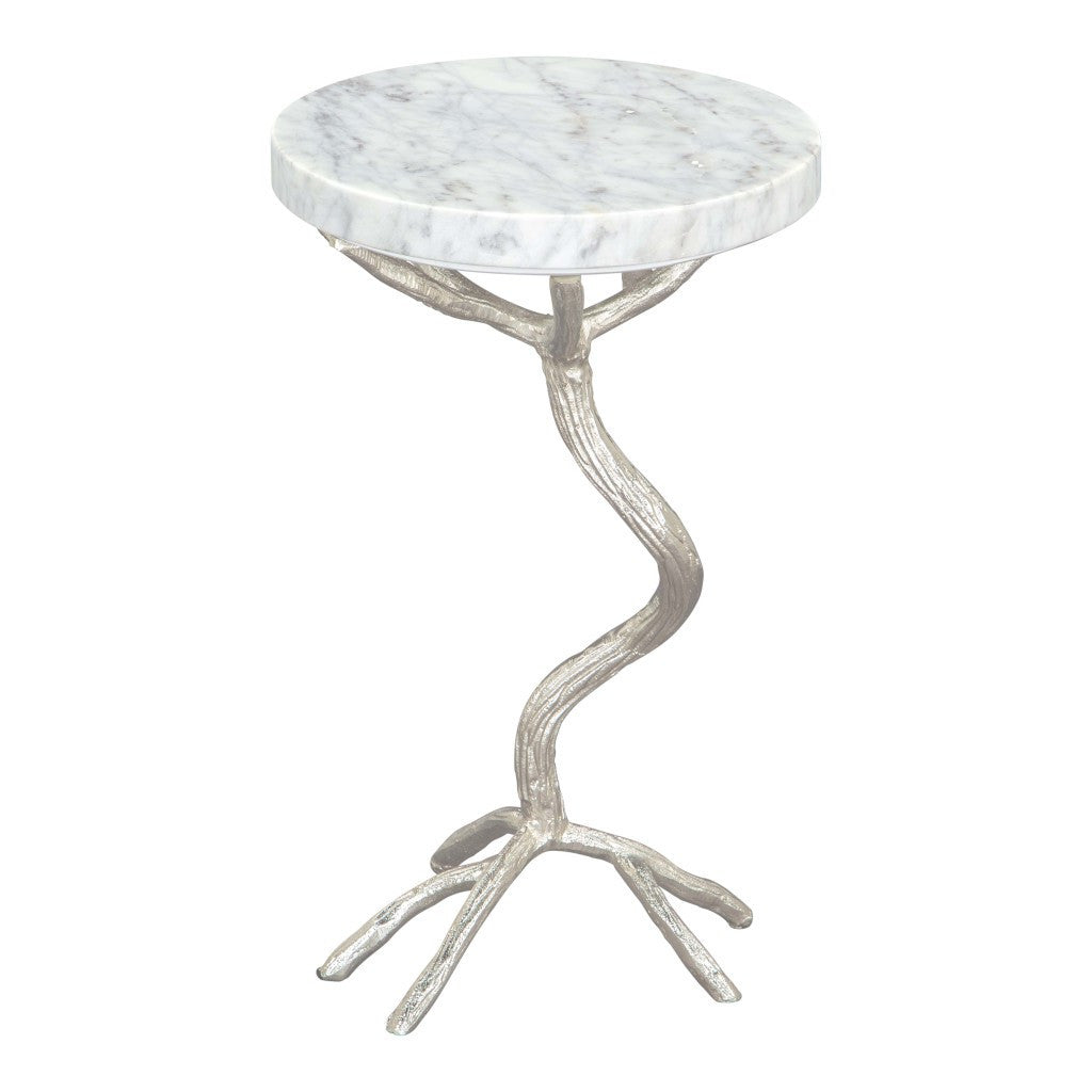 22" Silver Aluminum Twigs And White Marble Round End Table