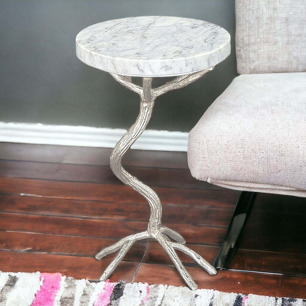 22" Silver Aluminum Twigs And White Marble Round End Table