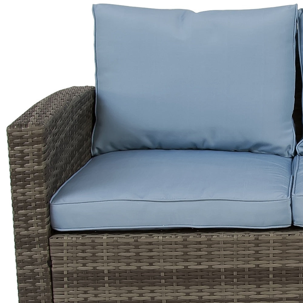 Six Piece Outdoor Gray Wicker Sofa Seating Group with Light Blue Cushions