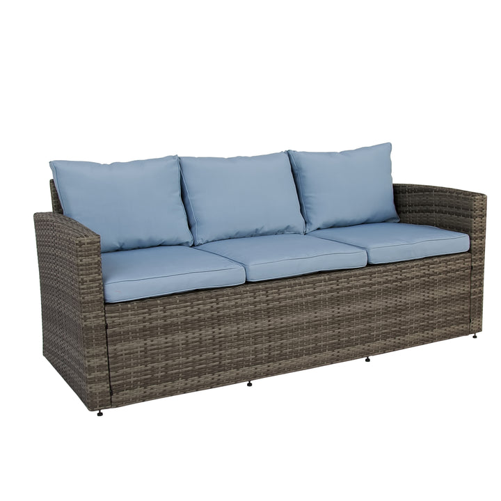 Six Piece Outdoor Gray Wicker Sofa Seating Group with Light Blue Cushions