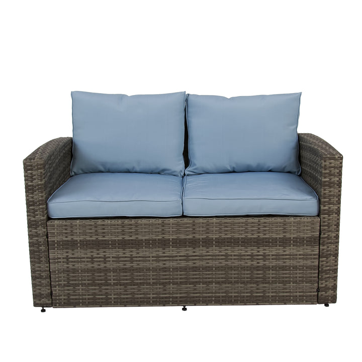 Six Piece Outdoor Gray Wicker Sofa Seating Group with Light Blue Cushions