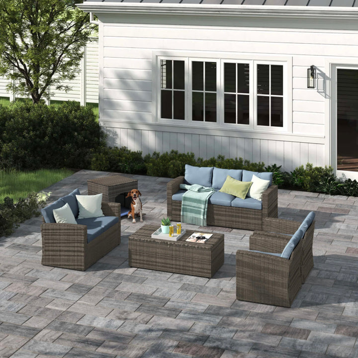 Six Piece Outdoor Gray Wicker Sofa Seating Group with Light Blue Cushions