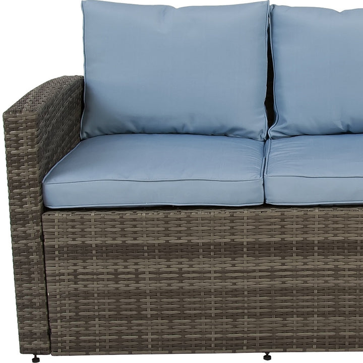 Six Piece Outdoor Gray Wicker Sofa Seating Group with Light Blue Cushions