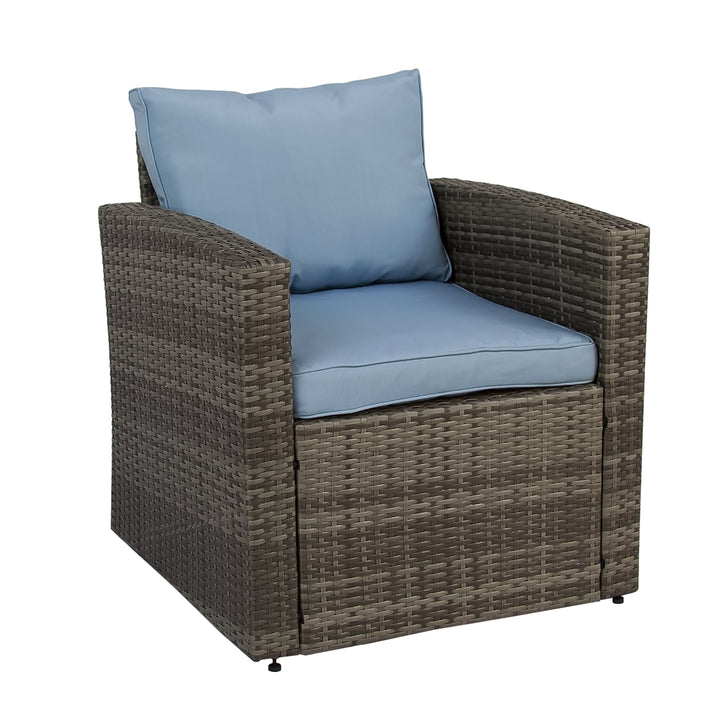 Six Piece Outdoor Gray Wicker Sofa Seating Group with Light Blue Cushions