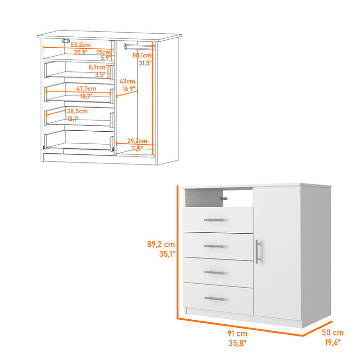 36" White Four Drawer Combo Dresser