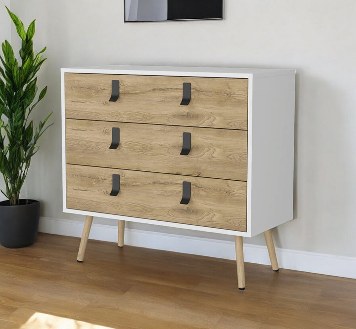 32" White and Natural Three Drawer Dresser