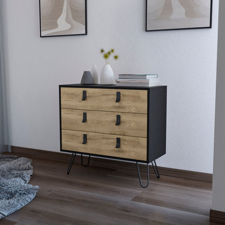 32" Natural and Black Three Drawer Dresser