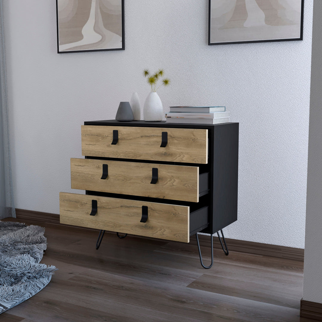 32" Natural and Black Three Drawer Dresser