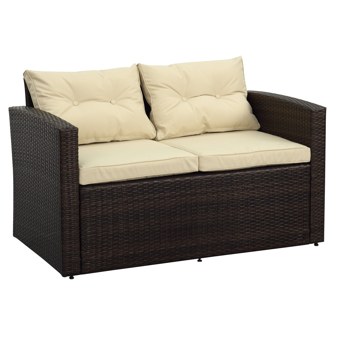 Five Piece Outdoor Beige Wicker Sofa Seating Group with Beige Cushions