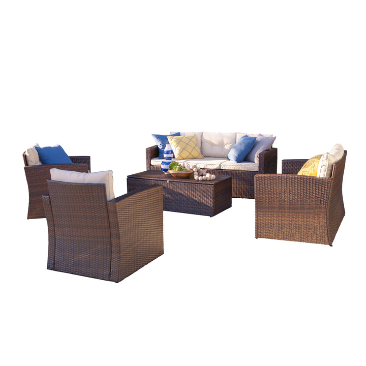 Five Piece Outdoor Beige Wicker Sofa Seating Group with Beige Cushions