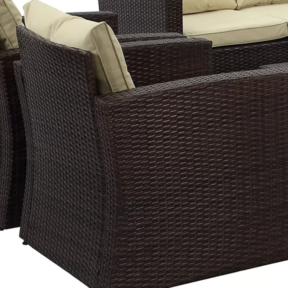 Five Piece Outdoor Beige Wicker Sofa Seating Group with Beige Cushions