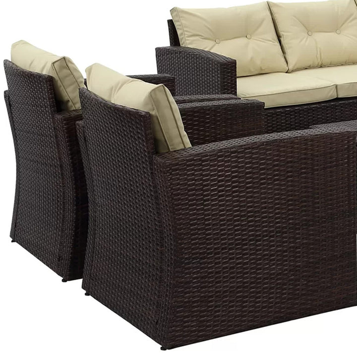 Five Piece Outdoor Beige Wicker Sofa Seating Group with Beige Cushions