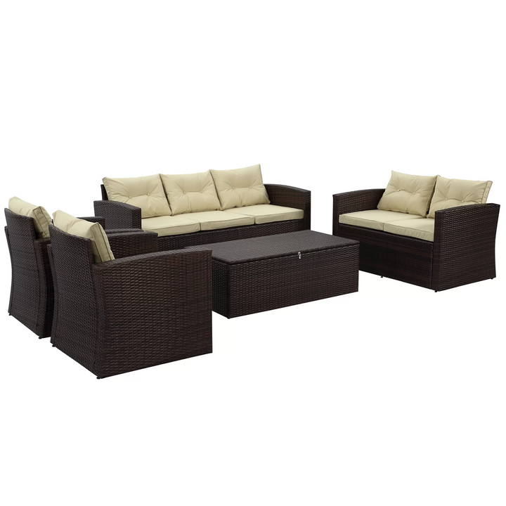 Five Piece Outdoor Beige Wicker Sofa Seating Group with Beige Cushions