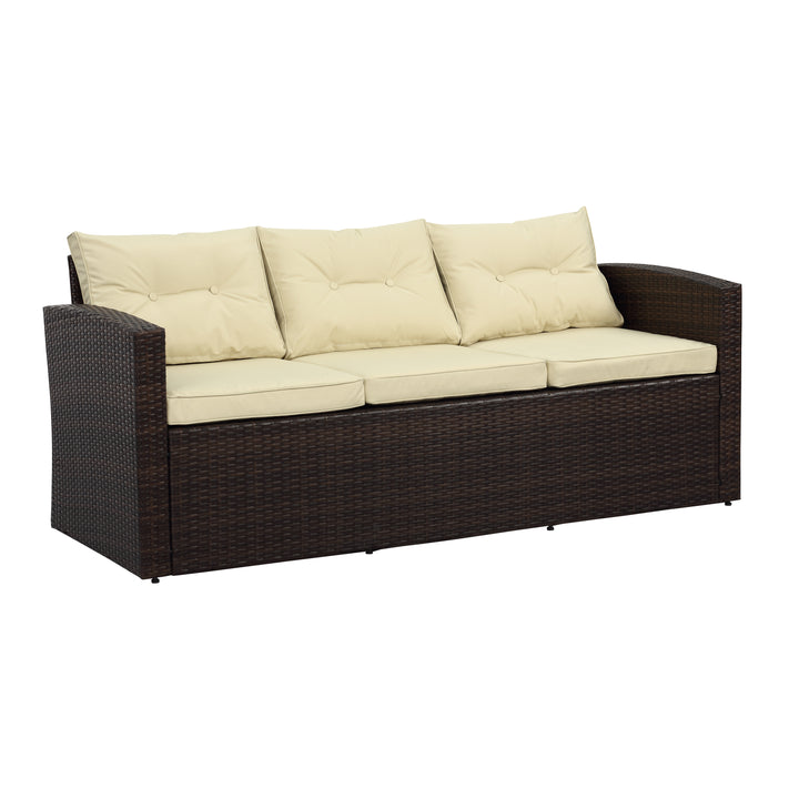 Five Piece Outdoor Beige Wicker Sofa Seating Group with Beige Cushions