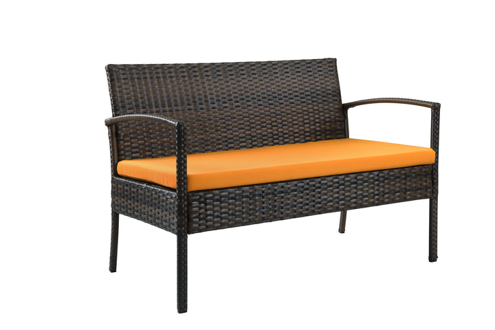 Four Piece Outdoor Brown Wicker Sofa Seating Group with Orange Cushions